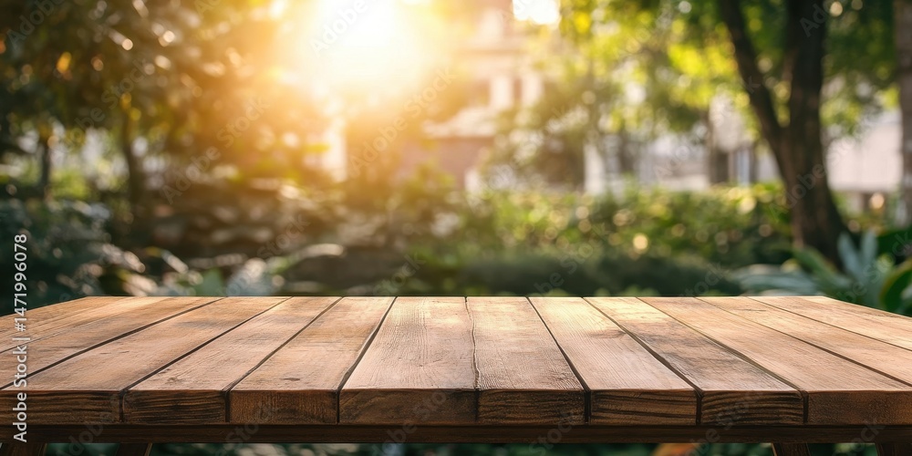 Poster Rustic Wooden Table Top Over Blurred Green Garden Background with Sunlight for Product Display Empty Wood Texture Adds Natural Warmth Ideal for Outdoor Presentations