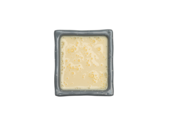 A square grey dish holds a creamy, pale yellow liquid with small bubbles, possibly a sauce, dip, or melted substance.