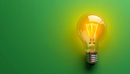 A glowing light bulb on a green background, symbolizing new ideas and innovation. The bulb is lit with a warm yellow light, casting a soft glow.