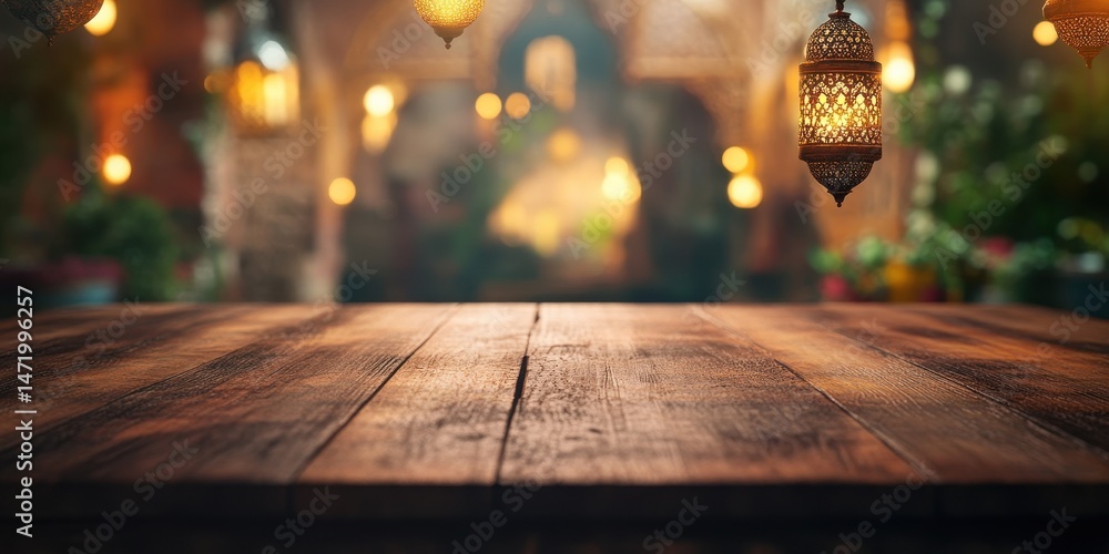 Poster rustic wooden table with hanging arabic lanterns against a blurred decorative background featuring w