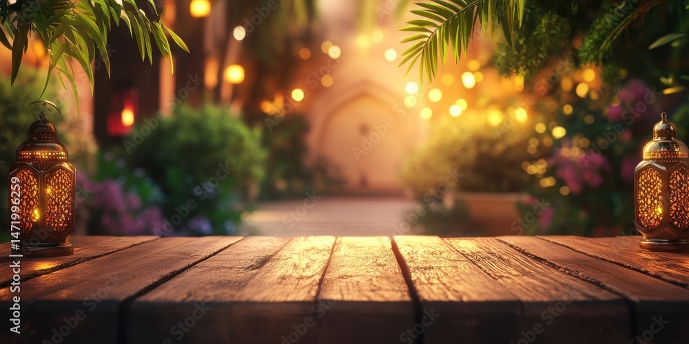 Poster Rustic Wooden Table with Golden Lanterns and Bokeh Lights in Enchanted Garden Scene Warm Illumination and Festive Foliage for Holiday Display and Celebration Background