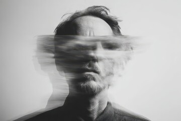 A grayscale portrait showcasing a man's face, blurred and streaked with movement.