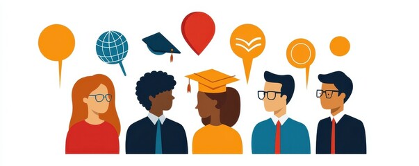 A diverse group of graduates exchanging ideas, symbolizing education, achievement, and learning through illustrated icons.