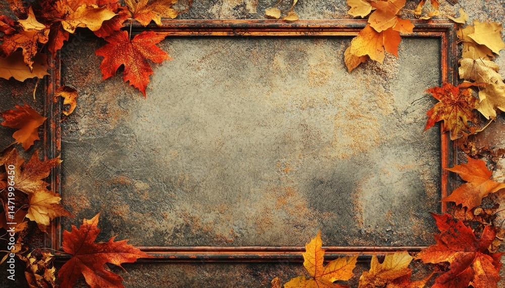 Poster rusty frame with red and yellow maple leaves in autumn season on a grunge background for a festive h