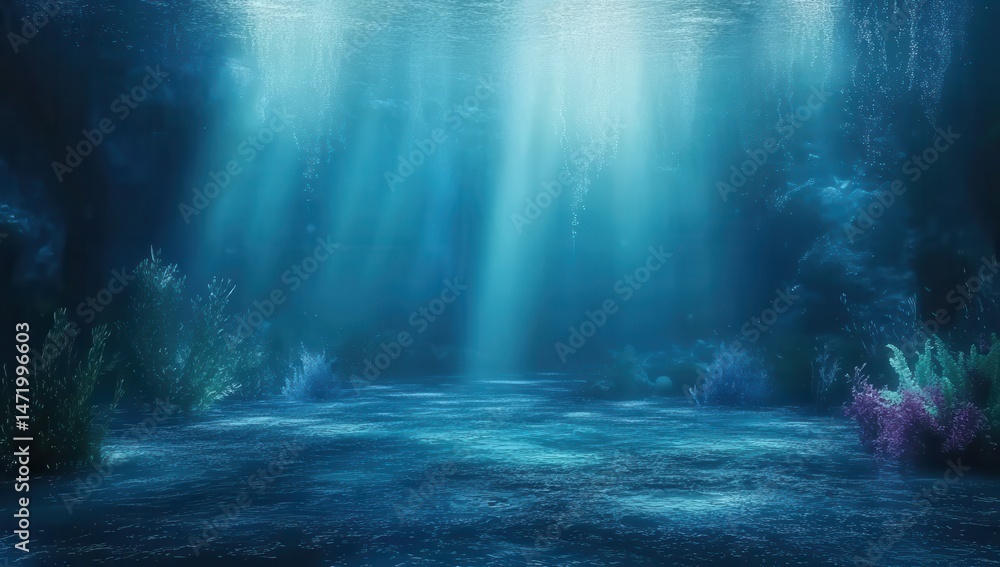 Poster serene underwater scene with gentle sunlight filtering through turquoise water illuminating a sandy 