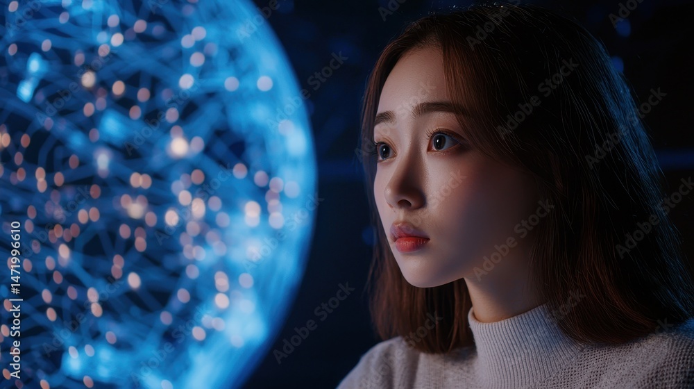 Poster a young woman gazes intently at a glowing digital sphere composed of blue neural or data network pat