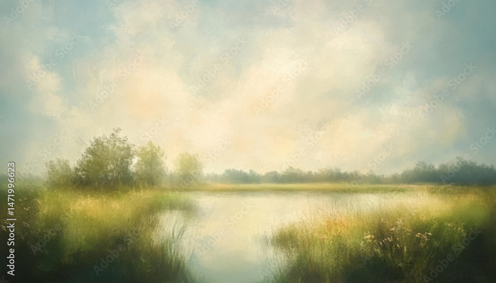Aufkleber serene wetland landscape painting with soft light hitting over calm waters reflecting the cloudy sky