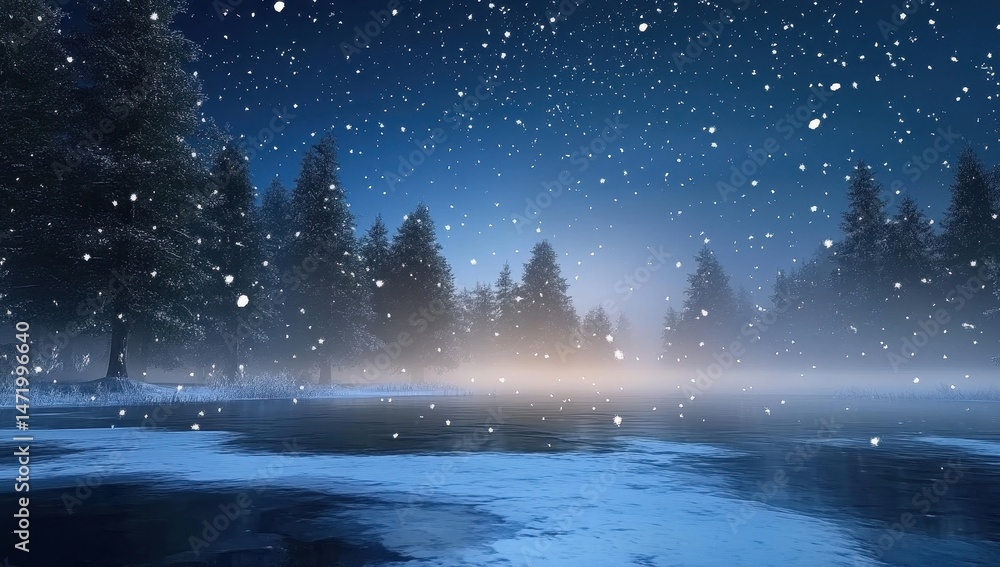 Poster serene winter landscape with snow covered trees and gentle snowfall in a forest at dusk