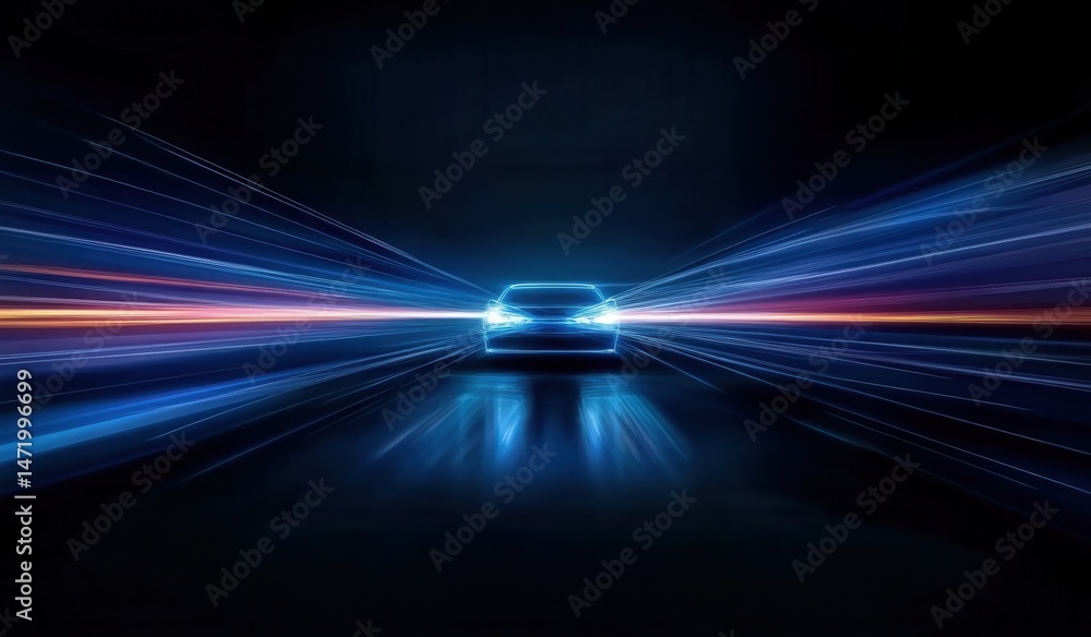 Poster Sleek Car Front View Zooming Through Dark Background with Blue Light Trails Futuristic Design Driving at High Speed Through an Urban Landscape in Expressive Motion Technology