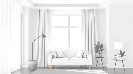 Bright and airy modern minimalist living room with white furniture, sheer curtains, and ample natural light, creating a clean and peaceful interior space.
