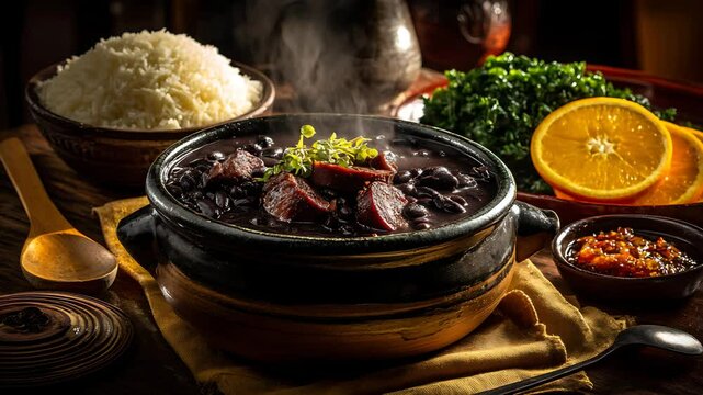 Traditional Brazilian feijoada served hot in a clay pot with rice, collard greens, orange slices, and chili sauce on a rustic wooden table with warm lighting

