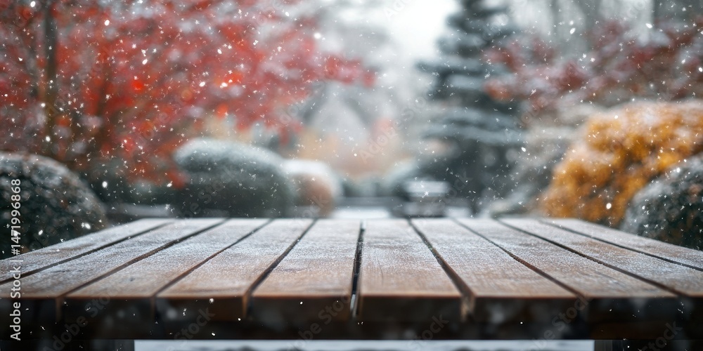 Poster snow covered wooden table in a winter landscape with red and green foliage in soft focus with fallin