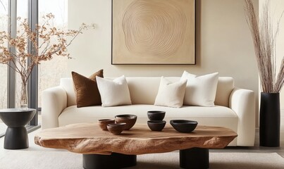 Fototapeta premium Live edge wooden accent coffee table near beige sofa against stucco wall with sand stone wall decor. Boho, nomadic interior design of modern living room, home. 