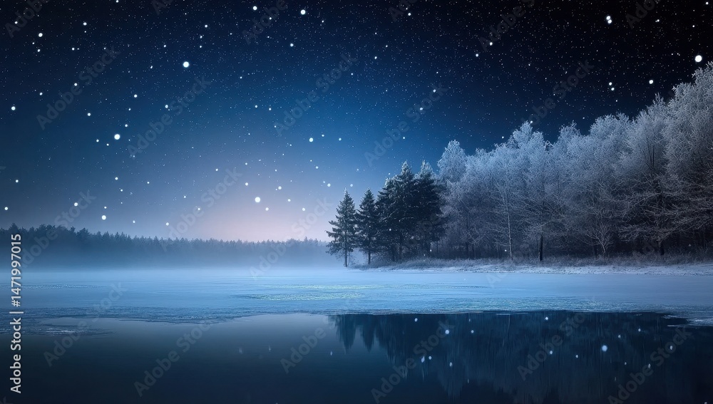 Poster snowy winter night forest landscape with starry sky and lake reflection a serene scene with trees co
