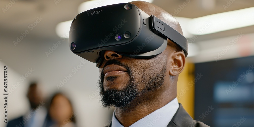 Poster a man in business attire experiences virtual reality using a modern vr headset in a professional set