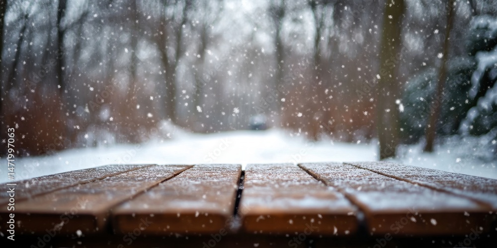 Poster Snowy Winter Scene Featuring a Brown Wooden Table with Falling Snowflakes Against a Blurred Forest Background Creating a Cold Moody Atmosphere with a Focus on Natural Textures and Light