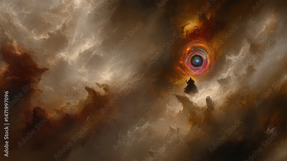 Poster cosmic portal surrounded by ethereal clouds and fiery colors with a mysterious figure gazing into th