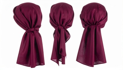 Three views of a maroon headscarf tied in a knot for modesty and hair protection against a clean white backdrop