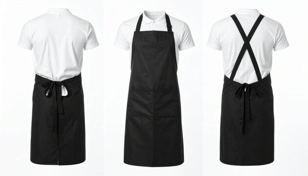 Three views of a white polo shirt with a black apron for cooking and cleaning uniform presenting front and back designs for restaurant or cafe staff apparel