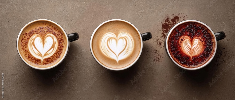 Poster three cups of coffee on a dark brown background. the cups are arranged in a triangular formation, wi