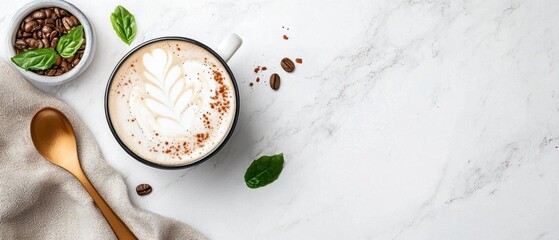 Obraz premium Flat lay of a cup of coffee on a white marble countertop. the cup is black and has a white handle. the coffee is frothy and has intricate latte art on top.