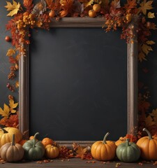 Rustic chalkboard frame overflowing with various sized pumpkins & gourds, autumn leaves ,  photography,  still life,  rich