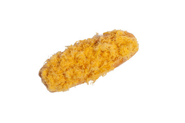 A golden-brown, oblong pastry is generously topped with shredded, fluffy, light-yellow meat floss, isolated against a stark white background.