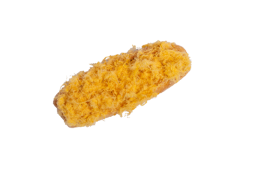 A golden-brown, oblong pastry is generously topped with shredded, fluffy, light-yellow meat floss, isolated against a stark white background.