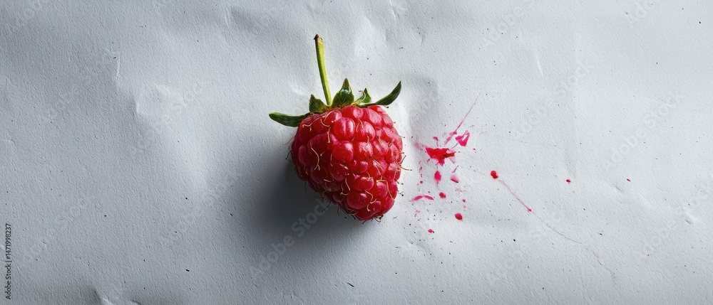 Fototapete close-up of a single raspberry on a white textured surface. the raspberry is in the center of the im