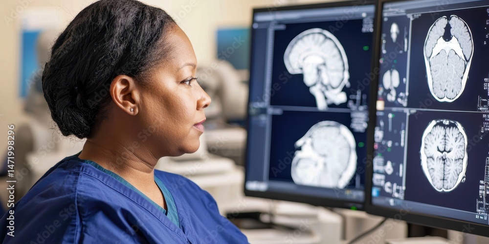 Poster a medical professional examines brain scans on computer monitors in a clinical setting.