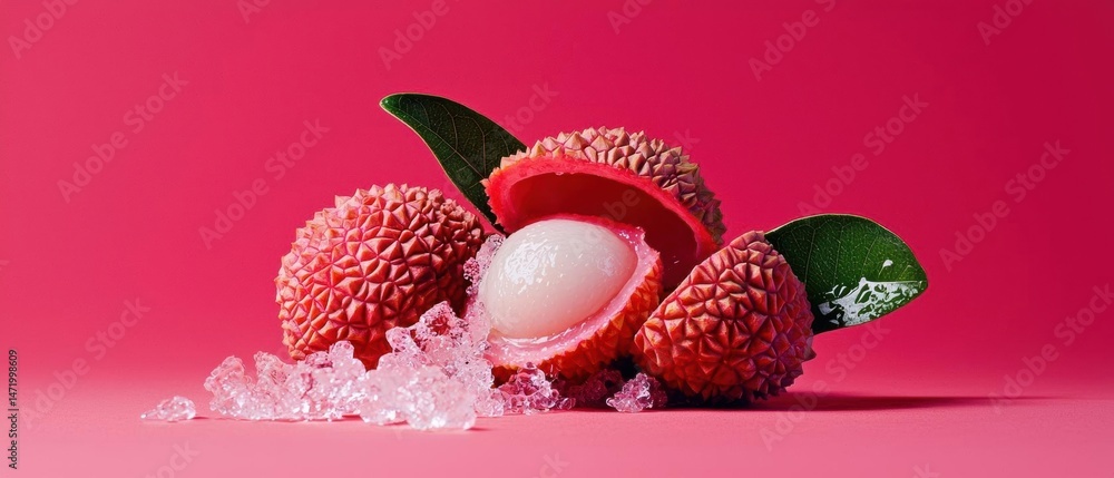 Aufkleber group of lychee fruits on a pink background. the lychees are red in color and have a spiky texture. 