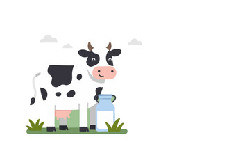 A cheerful cow enjoys a glass of milk on Milk Day 2025. Flat design illustration with a grassy background and fluffy clouds. Perfect for promotional materials.