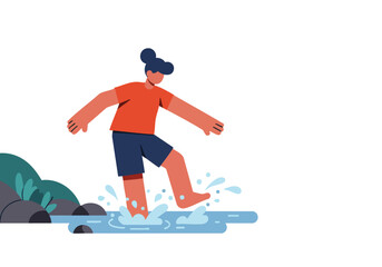 A cheerful person walks barefoot in water, celebrating Go Barefoot Day 2025. Vibrant colors and a playful style create a joyful scene. Perfect for lifestyle and wellness visuals.