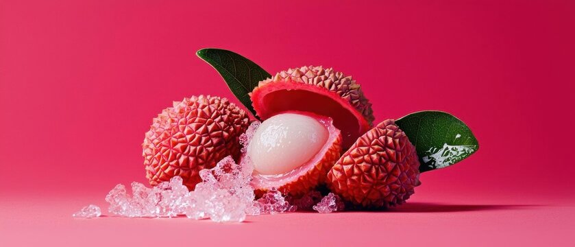 Group of lychee fruits on a pink background. the lychees are red in color and have a spiky texture. they are arranged in a scattered manner, with some of them overlapping each other.