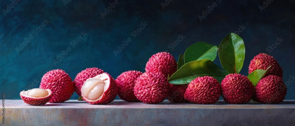 Poster group of lychee fruits on a dark blue background. the lychees are arranged in a scattered manner, wi