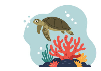 A cute sea turtle swims amidst vibrant coral and seaweed. ?World Awareness Day? text overlay.  A cheerful, colorful illustration perfect for educational or environmental campaigns.