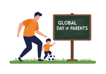 A father and son play soccer outdoors. A chalkboard with 'Global Day of Parents' is in the background. Warm, inviting scene. Suitable for family, parenting, and celebration themes.