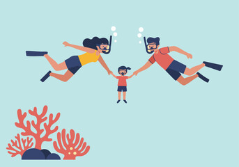 A family of three scuba divers joyfully connects underwater, surrounded by coral. Celebrating Reef Awareness Day! Vibrant colors and a clear composition.