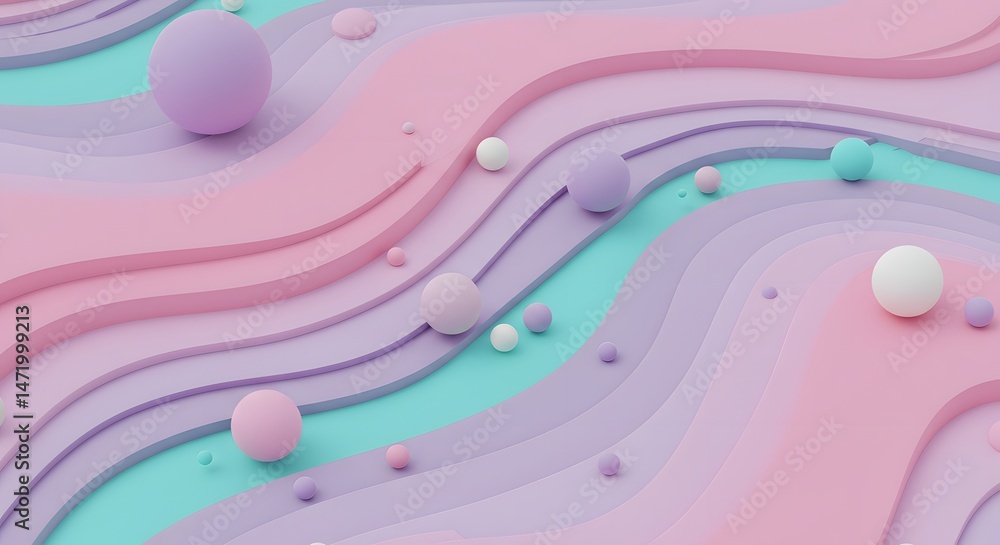 Poster abstract pastel waves and spheres: a calming 3d rendered background with gentle curves and playful o