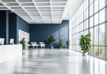 Modern office interior design with navy blue walls, white ceiling, and large windows offering a city view, showcasing sleek white desks and potted plants. : Generative AI