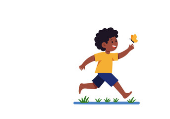 A joyful young boy runs barefoot in a grassy field, chasing a butterfly. Vibrant colors and a playful scene. Perfect for lifestyle and children's themes.