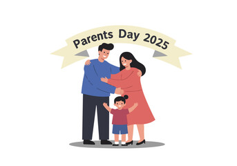 Illustration celebrates Parents Day 2025. A happy family embraces, conveying love and connection. Modern, flat design with a warm, inviting feel.