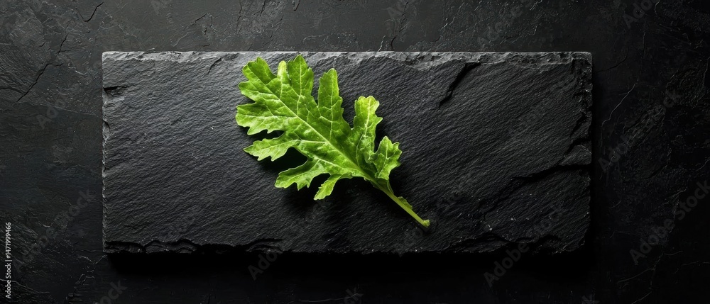 Poster flat lay of a single green leaf on a black slate surface. the leaf appears to be fresh and healthy, 
