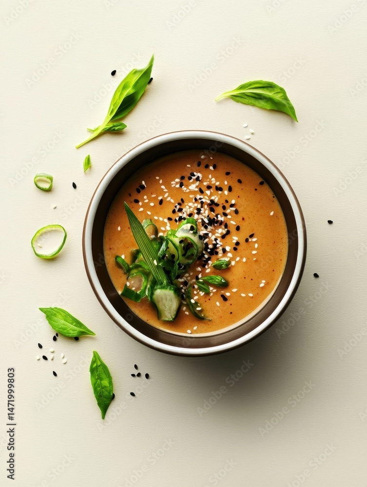 Poster top view of a bowl of soup. the soup is orange in color and has a smooth texture. it is topped with 