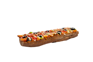 A long, open-faced Zapiekanka sandwich features melted cheese, mushrooms, and various toppings on a baguette, isolated on a white background.