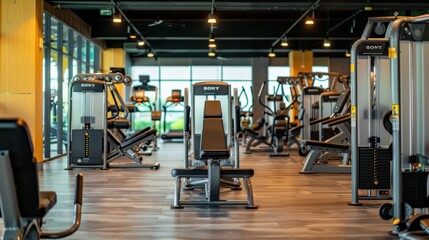 Fototapeta premium Modern gym interior featuring advanced fitness equipment with spacious layout and natural lighting