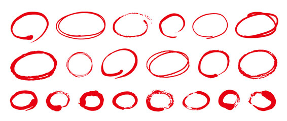 手描きの楕円のセット。落書き風の円。筆で描いた丸のベクターイラスト。