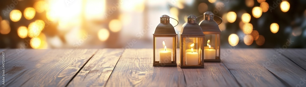 Poster three decorative lanterns with glowing candles on weathered wooden tabletop in a warm bokeh light ch
