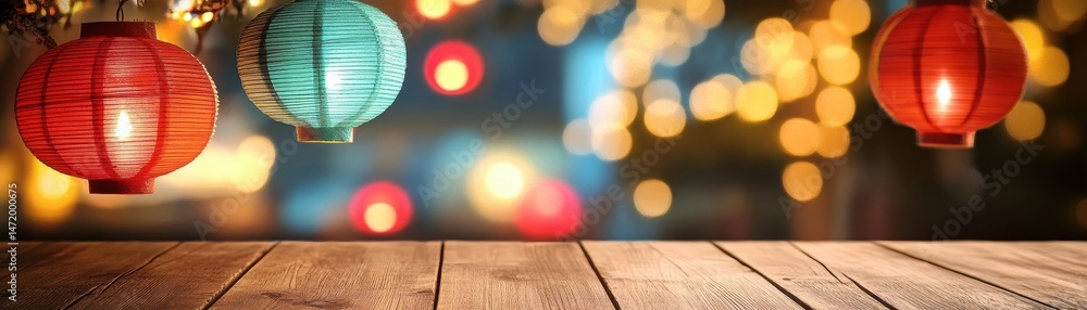 Poster Three Hanging Lanterns in Red and Teal Against a Bokeh Background on a Wooden Table Top with a Warm and Inviting Glow Casting a Festive and Decorative Ambiance