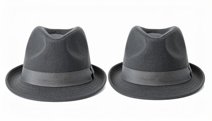 Two dark gray fedora hats with ribbon on white background for fashion and style appeal